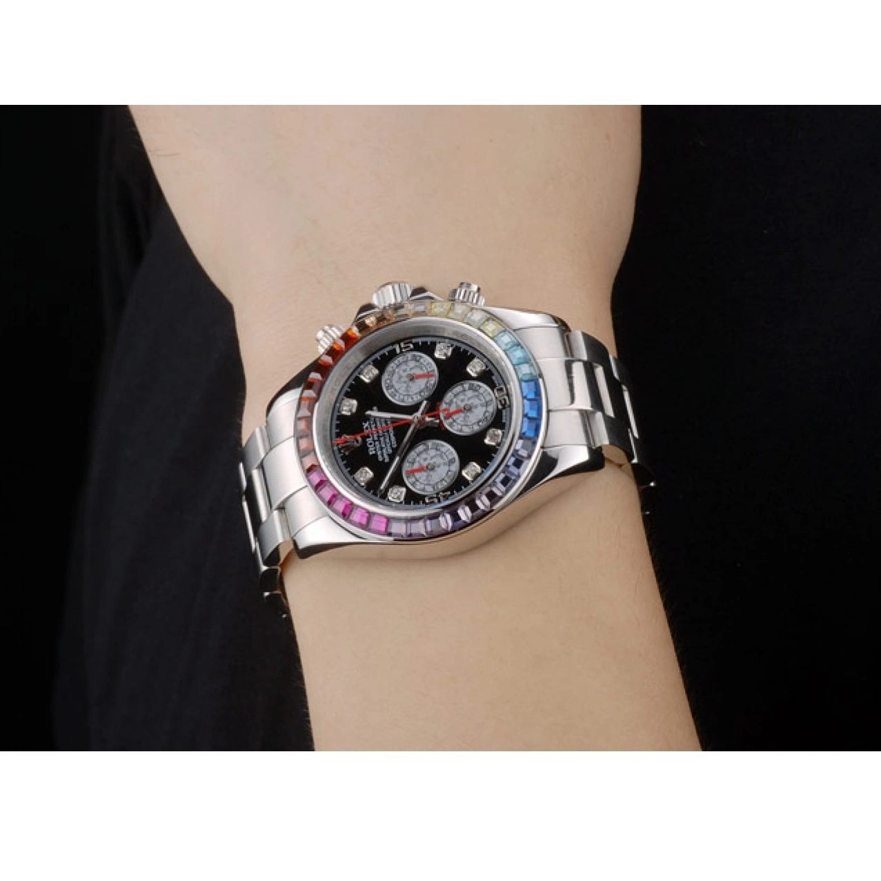 Aaa replica watch Daytona Stainless Bezel Rolex Strap Dial Cosmograph 80250 Crystals Black Rainbow Steep 0612
